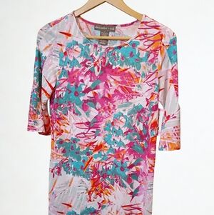 Alexandra + Oak Floral Sheath Dress Coral Pink Teal 3/4 Bell Sleeve Knee Length